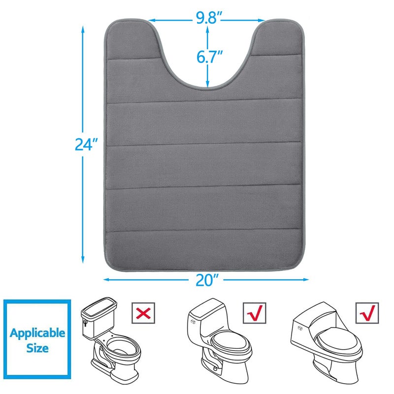 Buganda Memory Foam U-Shaped Contour Toilet Rugs, Non Slip Absorbent, Thick Soft Washable Bathroom Mat, Floor Carpet Bath Rugs Mat for Toilet Base (24" x 20", Grey) - Image 2